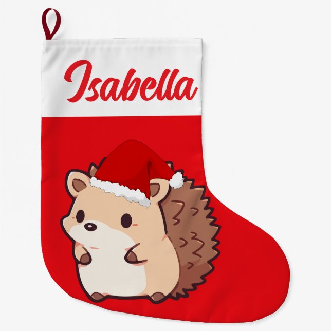 Calcetín Navideño Grande Red Merry Christmas porcupine mascota Santa hat Xm (Anverso)