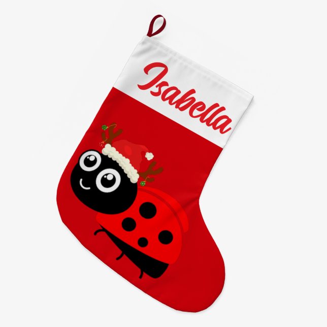 Calcetín Navideño Grande Red Merry navideño ladybug Santa hat Xmas (Frente (Colgado))