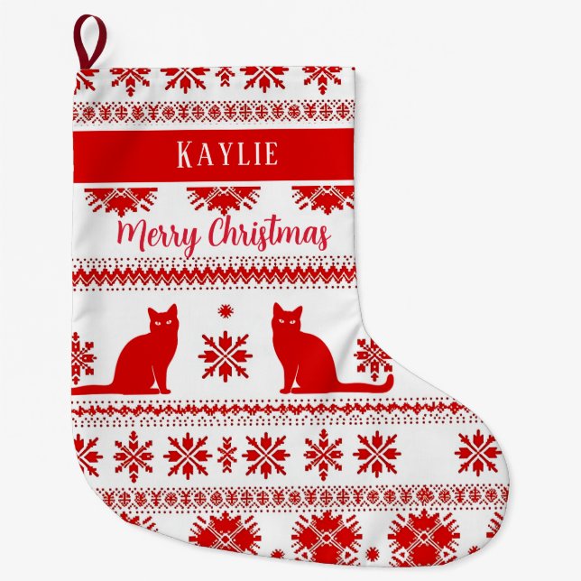 Calcetín Navideño Grande Red Nordic Cat Pattern Christmas (Anverso)