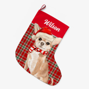 Calcetín Navideño Grande Red Plaid y Tan Chihuahua con nombre de perro