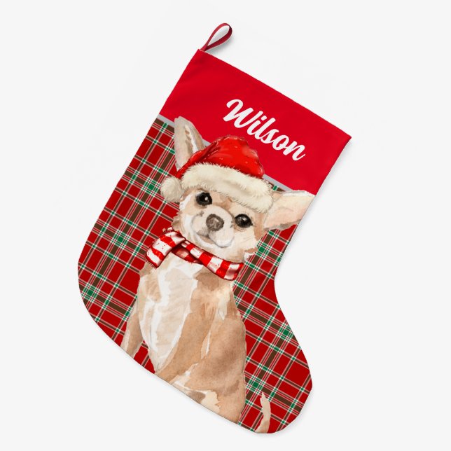 Calcetín Navideño Grande Red Plaid y Tan Chihuahua con nombre de perro (Frente (Colgado))