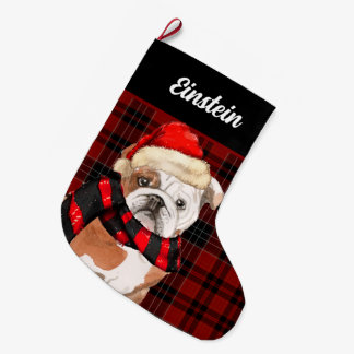 Calcetín Navideño Grande Red Plaid y un Bulldog inglés con nombre de perro
