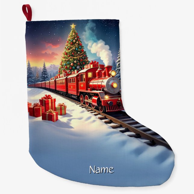 Calcetín Navideño Grande Red Train Christmas Tree Holiday Stocking (Anverso)
