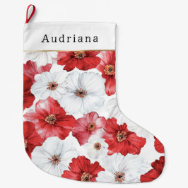 Calcetín Navideño Grande Red White Flowers Christmas