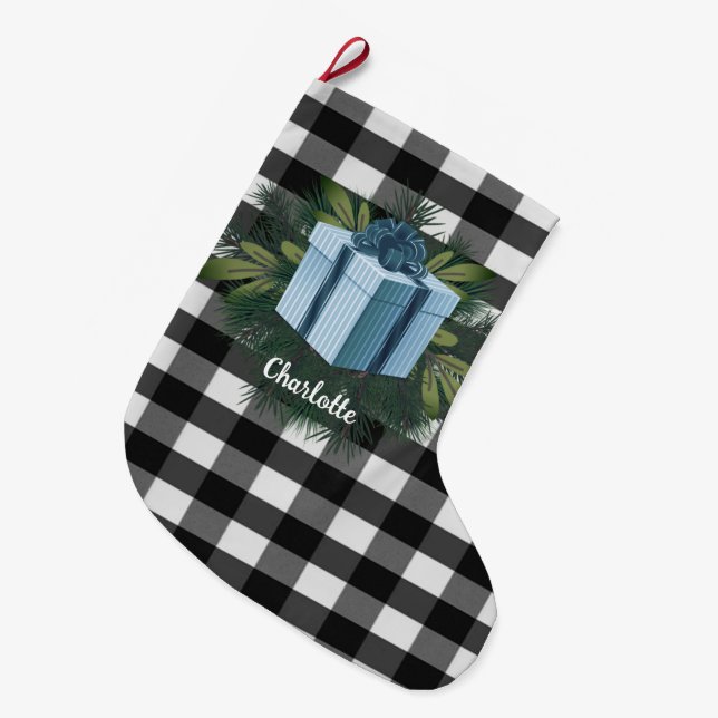 Calcetín Navideño Grande Regalo de los Navidades de Buffalo Plaid | Azul (Frente (Colgado))