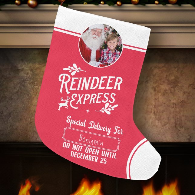 Calcetín Navideño Grande Reindeer Express de Santa Name y Photo Red (Subido por el creador)