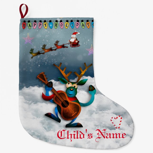 Calcetín Navideño Grande Reno - Felices Fiestas en Santa Sleigh (Anverso)