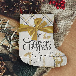 Calcetín Navideño Grande Reno marfil y oro y nombre Feliz Navidad