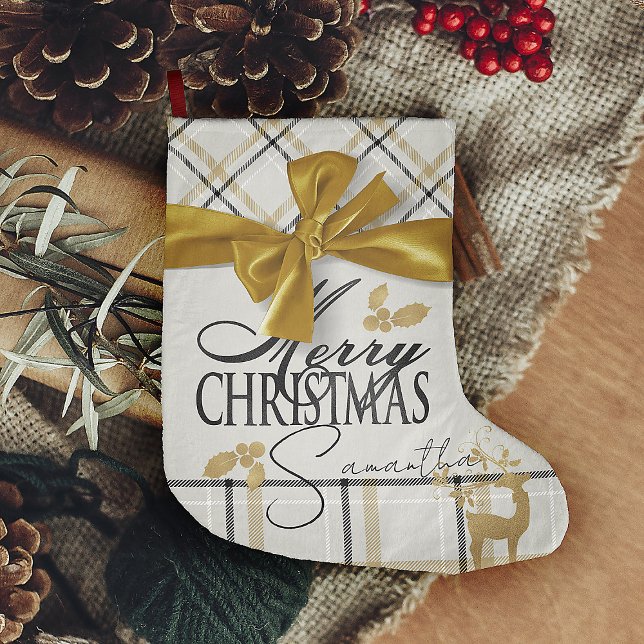 Calcetín Navideño Grande Reno marfil y oro y nombre Feliz Navidad (ivory & cream & black with faux gold bow and reindeer personalized with name Christmas Stocking)