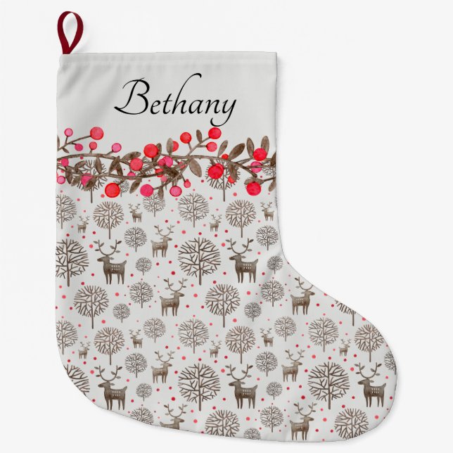 Calcetín Navideño Grande Renos de Woodland y Berries ahuman blanco (Anverso)