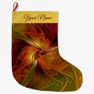 Calcetín Navideño Grande Resumen Naranja rojo verde arte fractal nombre de