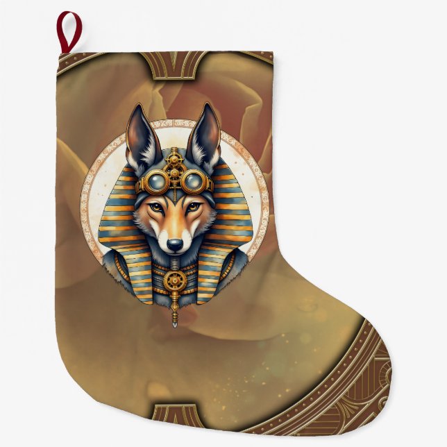 Calcetín Navideño Grande Retrato de Steampunk Anubis Fox (Anverso)