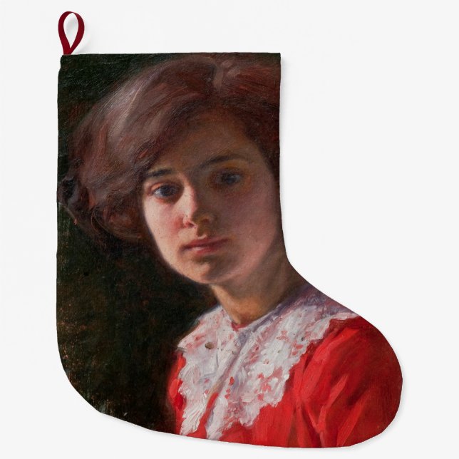 Calcetín Navideño Grande Retrato de una dama (por Elin Danielson-Gambogi) (Anverso)