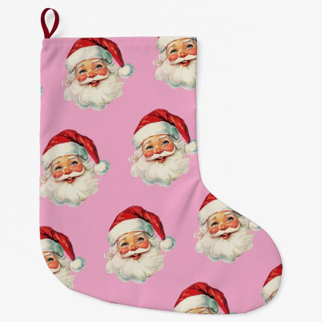 Calcetín Navideño Grande Retro Santa Face Christmas Pink (Anverso)