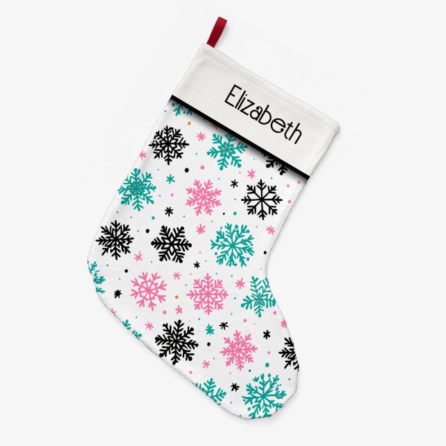 Calcetín Navideño Grande Retro Snowflakes (Frente (Colgado))