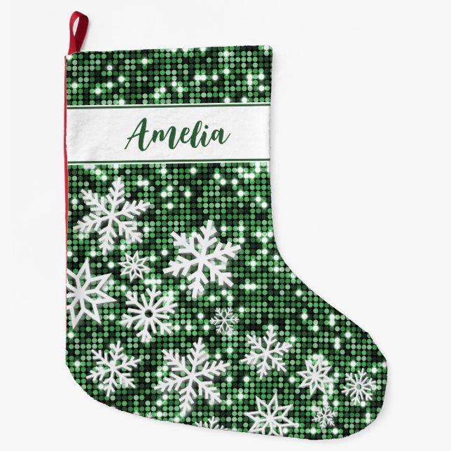 Calcetín Navideño Grande Retro Snowflakes Green Navidades Personalizados (Anverso)