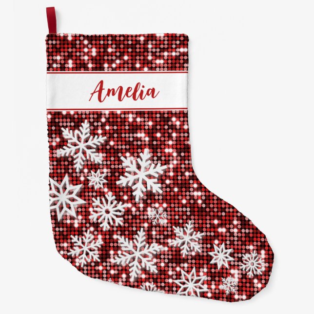 Calcetín Navideño Grande Retro Snowflakes Navidades rojos Personalizados (Anverso)