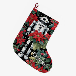 Calcetín Navideño Grande Robot Mech de Navidad con Poinsettias