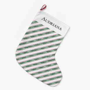 Calcetín Navideño Grande Rojizo Rosa Verde Brillo Rayas Navidad