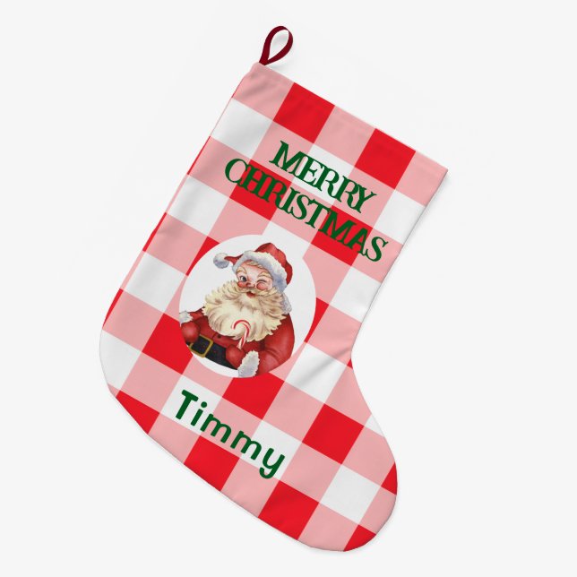 Calcetín Navideño Grande Rojo Blanco Cuadros de Navidad  (Frente (Colgado))