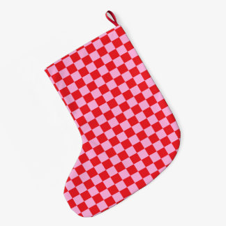 Calcetín Navideño Grande Rojo Brillante y Cuadros Rosa Claro