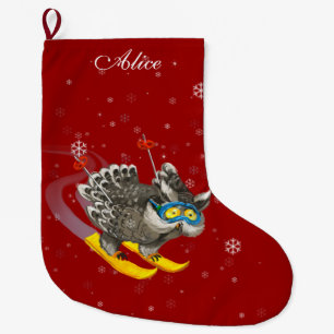 Calcetín Navideño Grande Rojo de esquí personalizado del búho