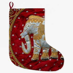 Calcetín Navideño Grande Rojo embellecido y oro del elefante indio