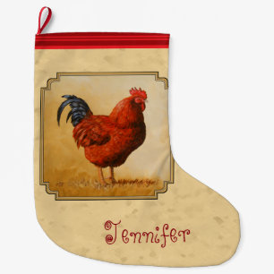 Calcetín Navideño Grande Rooster Rojo de Rhode Island Fondo Amarillo