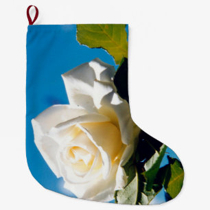 Calcetín Navideño Grande Rosa blanca, cielo azul