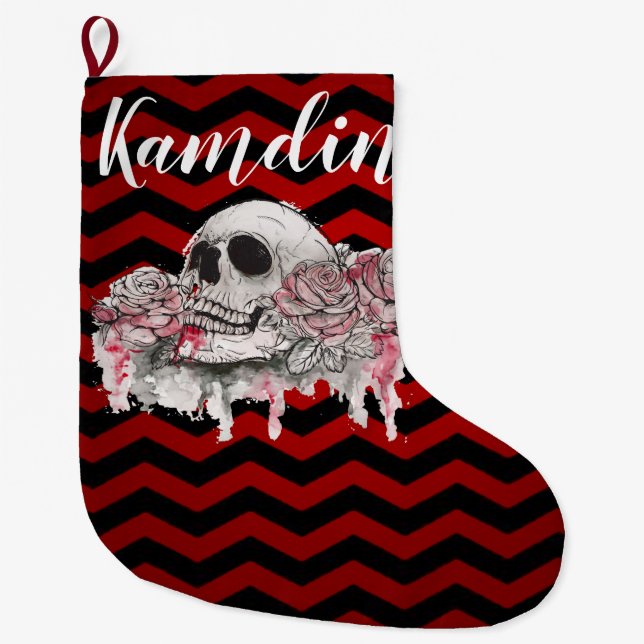 Calcetín Navideño Grande Rosa de calavera paro personalizado gótico Chevron (Anverso)