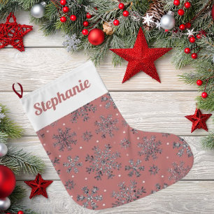 Calcetín Navideño Grande Rosa de moda Navidades de oro con elegantes copos 