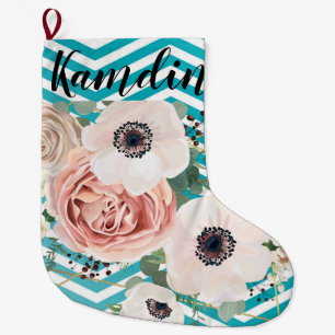 Calcetín Navideño Grande Rosa geométrico personalizado Chevron Verde azulad