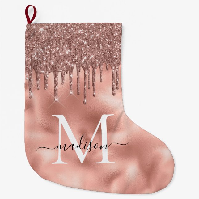 Calcetín Navideño Grande Rosa metálico monogramo Perforaciones de Purpurina (Anverso)