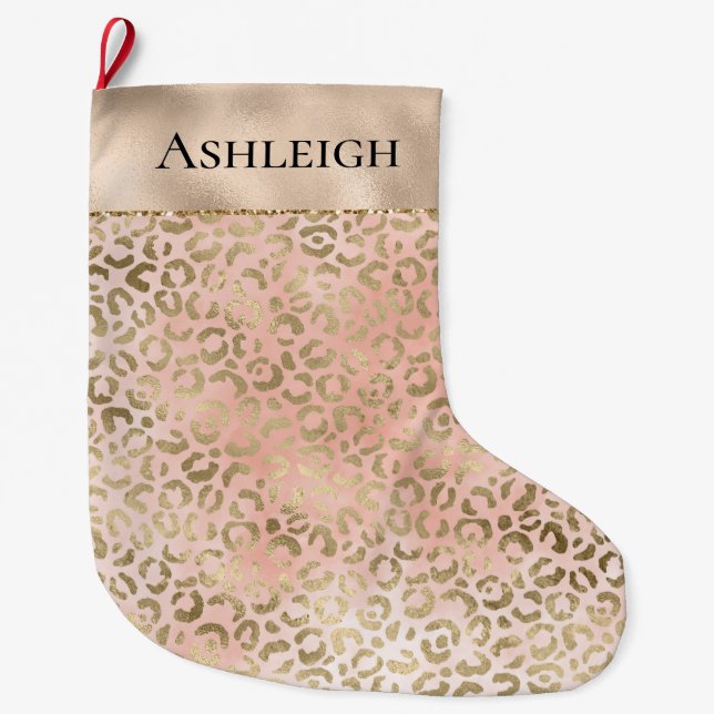 Calcetín Navideño Grande Rosa Rosa Rubor Gold Leopardo Nombre de impresión  (Anverso)
