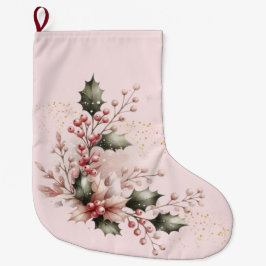Calcetín Navideño Grande Rosa Rubor Acebo y Bayas