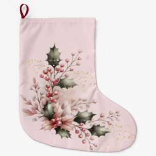 Calcetín Navideño Grande Rosa Rubor Acebo y Bayas