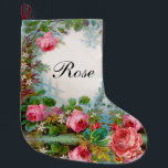 CALCETÍN NAVIDEÑO GRANDE ROSAS ROSAS ROJAS, MONOGRAMA DE GEMSTONA ROJA FLOR<br><div class="desc">Elegante,  colorido,  romántico estilo vintage floral diseño rojo,  rosas rosas rosas,  hojas verdes,  jazmines blancos de BALDESIGN3D.</div>