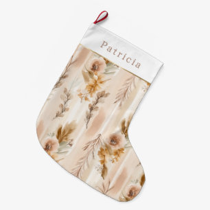 Calcetín Navideño Grande Rubor Crema Flores Boho Navidad