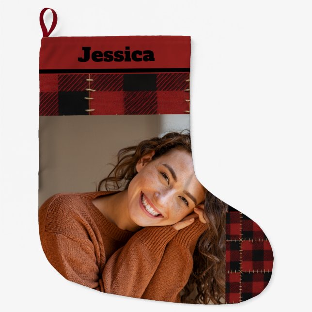 Calcetín Navideño Grande Rustic Buffalo Plaid Custom Name and Photo  (Anverso)