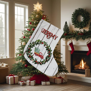 Calcetín Navideño Grande Rustic Farmhouse Molesta Camión Rojo de Madera