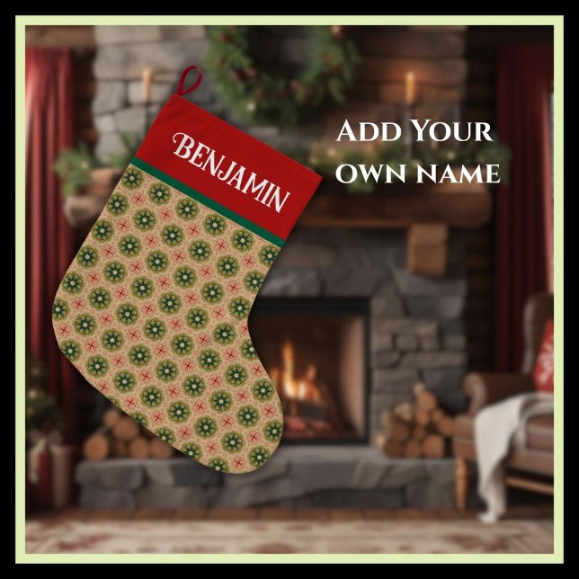 Calcetín Navideño Grande Rustic Green Pine Needles and Red Lace (Subido por el creador)