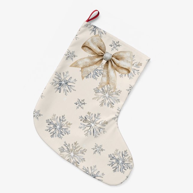 Calcetín Navideño Grande Rústico Glitzy Cream Bows Navidades (Frente (Colgado))
