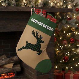 Calcetín Navideño Grande Rústico Nombre personalizado de reno verde y negro