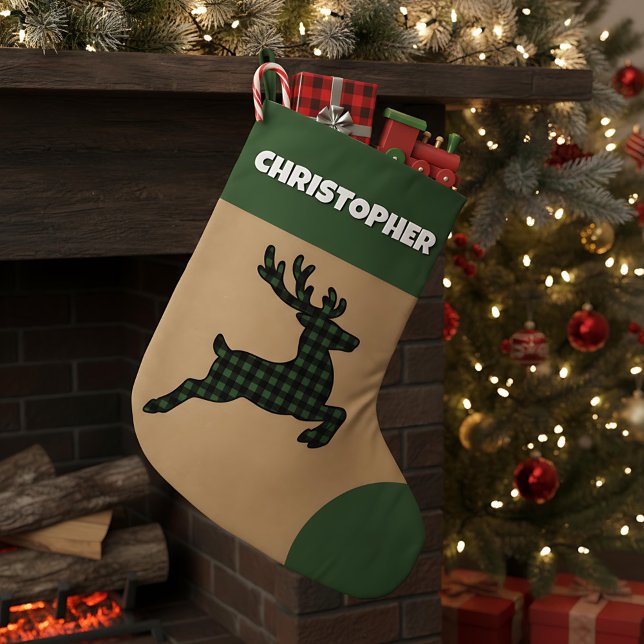 Calcetín Navideño Grande Rústico Nombre personalizado de reno verde y negro (Subido por el creador)