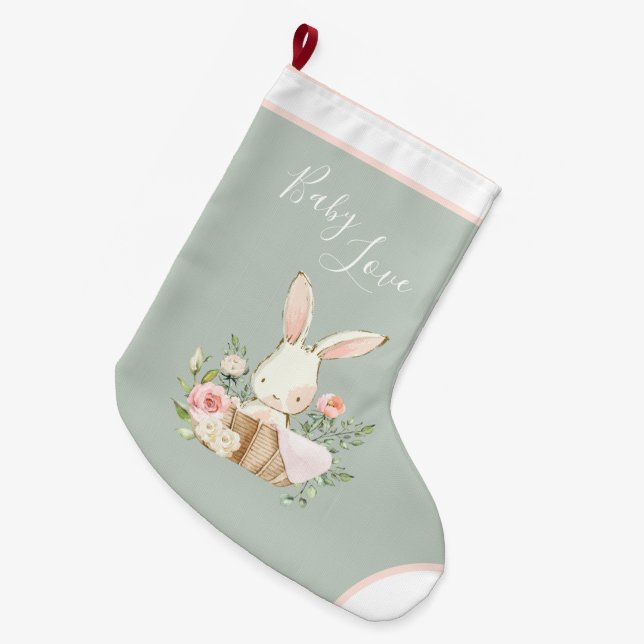 Calcetín Navideño Grande Sage Green Baby Love Script Elegant Baby (Frente (Colgado))