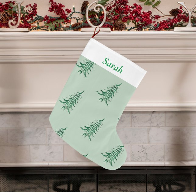 Calcetín Navideño Grande Sage greenChristmas Pagoda Patrón de árbol (Sage green Christmas Pagoda Tree pattern Large Christmas Stocking)
