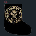 Calcetín Navideño Grande Salón del cráneo de la peluquería personalizada Ro<br><div class="desc">Barbería personalizada Rockabilly Skull and Scissors,  con diseño de peluquería con hipster barbudo. Personalizar con su nombre o texto Personalizado.</div>