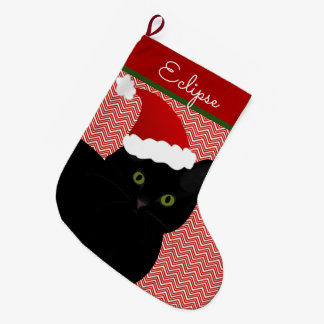 Calcetín Navideño Grande Santa Black Short Hair Cat Green Eyes Personalizad
