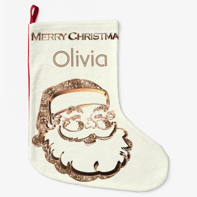 Calcetín Navideño Grande Santa Claus elegante oro marfil blanco (Anverso)