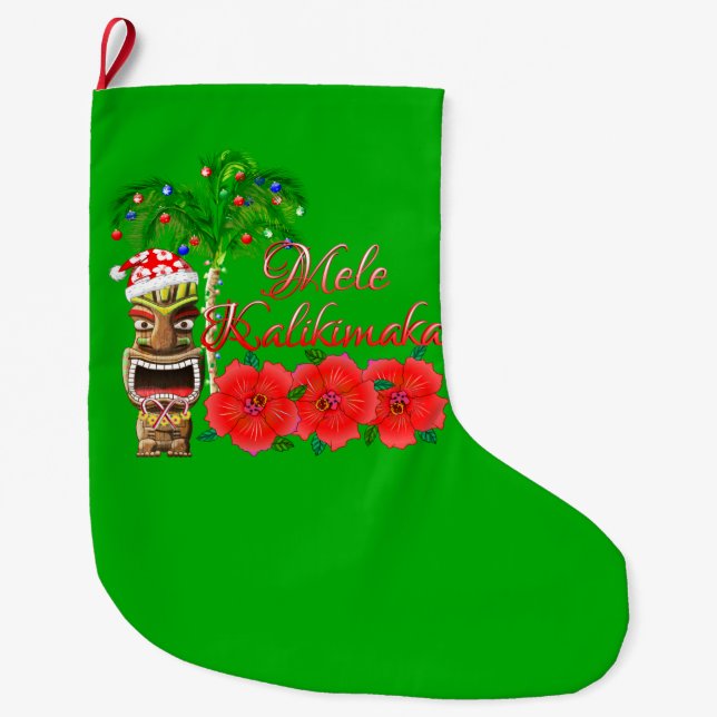 Calcetín Navideño Grande Santa Claus Tiki Mele Kalikimaka (Anverso)